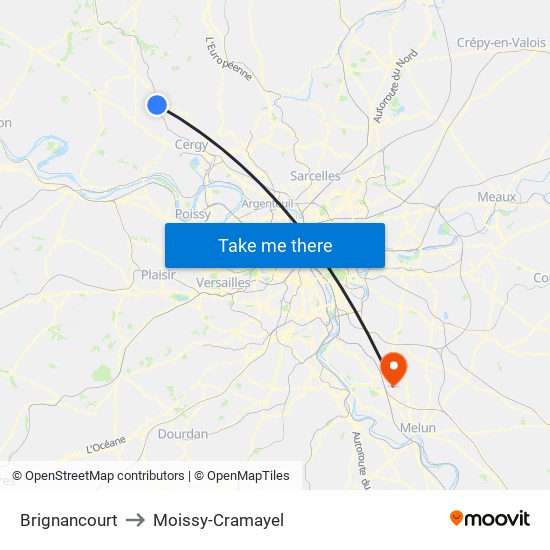 Brignancourt to Moissy-Cramayel map