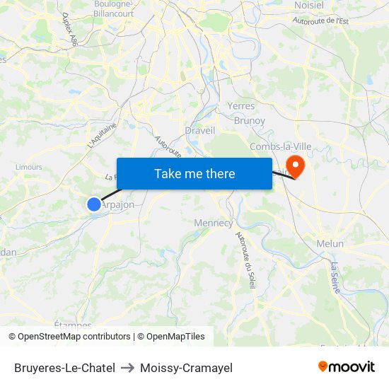 Bruyeres-Le-Chatel to Moissy-Cramayel map