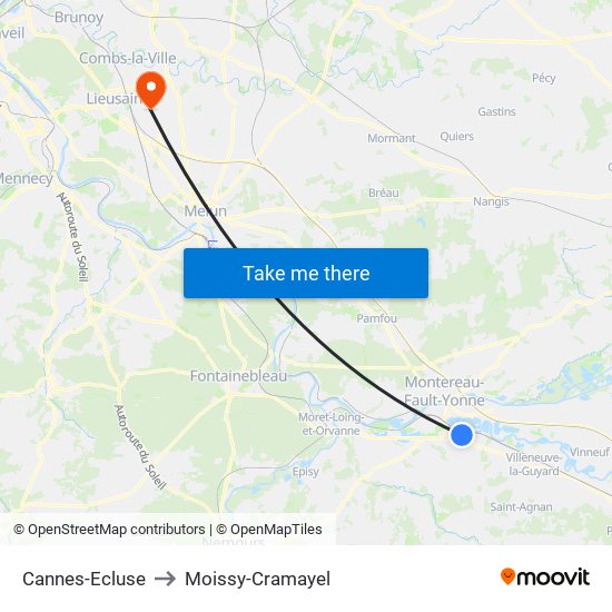 Cannes-Ecluse to Moissy-Cramayel map