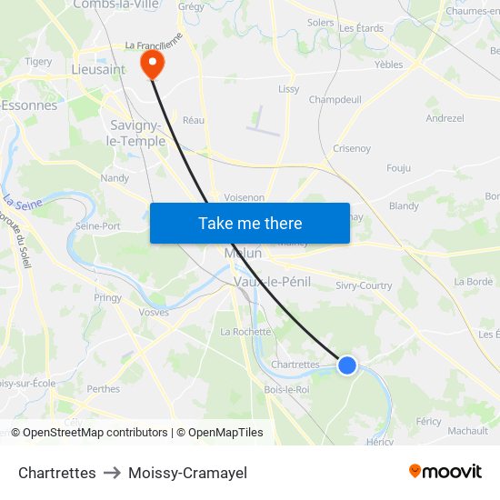 Chartrettes to Moissy-Cramayel map