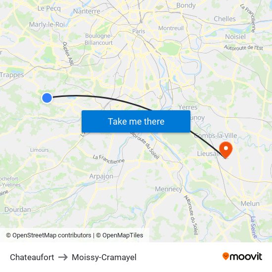 Chateaufort to Moissy-Cramayel map