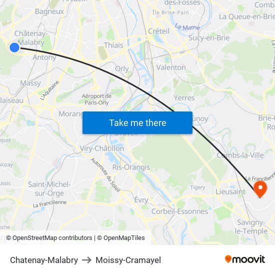Chatenay-Malabry to Moissy-Cramayel map