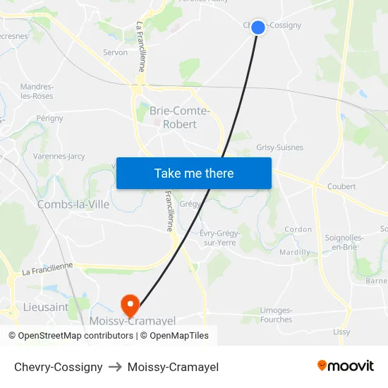 Chevry-Cossigny to Moissy-Cramayel map