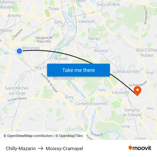 Chilly-Mazarin to Moissy-Cramayel map