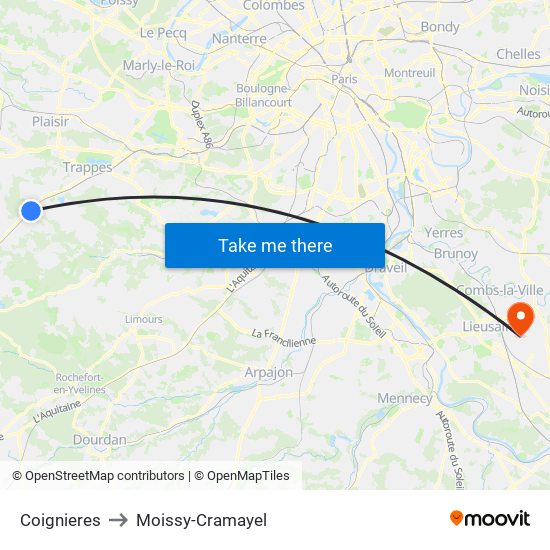 Coignieres to Moissy-Cramayel map
