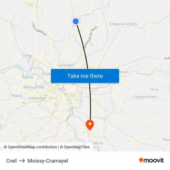 Creil to Moissy-Cramayel map