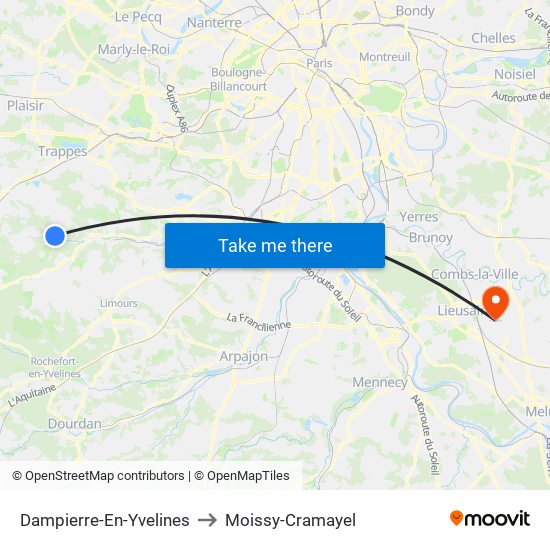 Dampierre-En-Yvelines to Moissy-Cramayel map