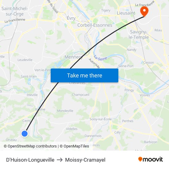 D'Huison-Longueville to Moissy-Cramayel map