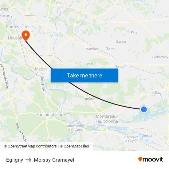 Egligny to Moissy-Cramayel map