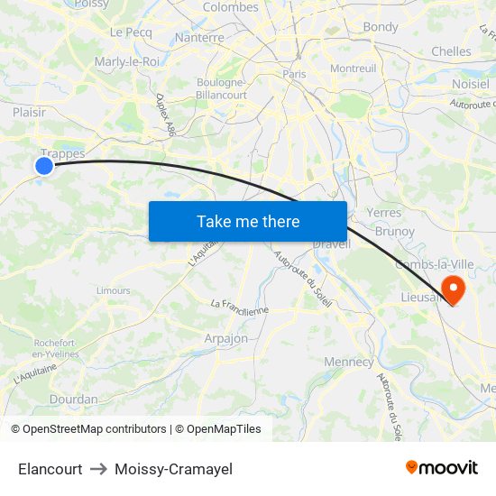 Elancourt to Moissy-Cramayel map