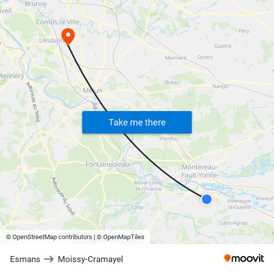 Esmans to Moissy-Cramayel map