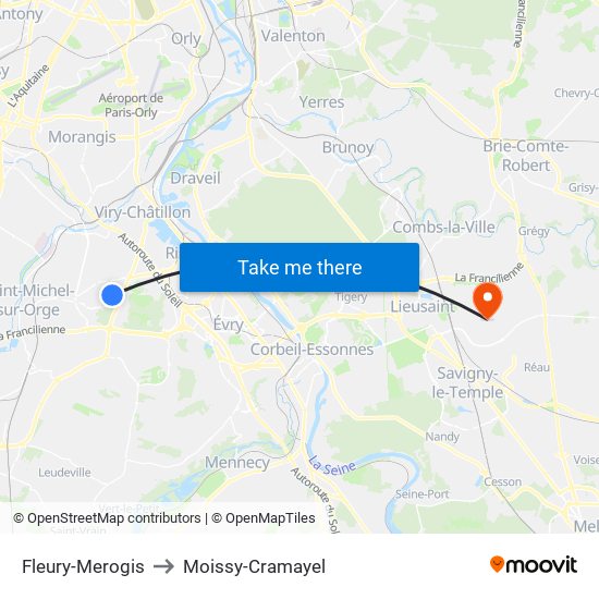 Fleury-Merogis to Moissy-Cramayel map