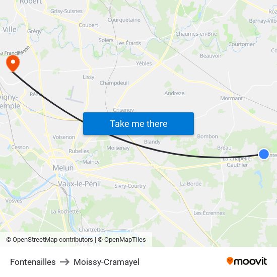 Fontenailles to Moissy-Cramayel map