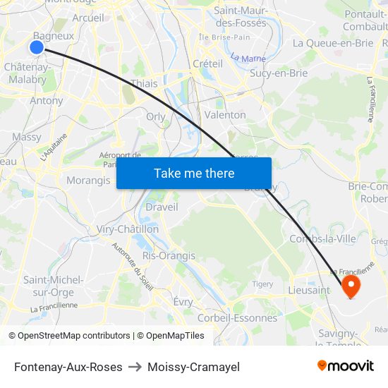 Fontenay-Aux-Roses to Moissy-Cramayel map