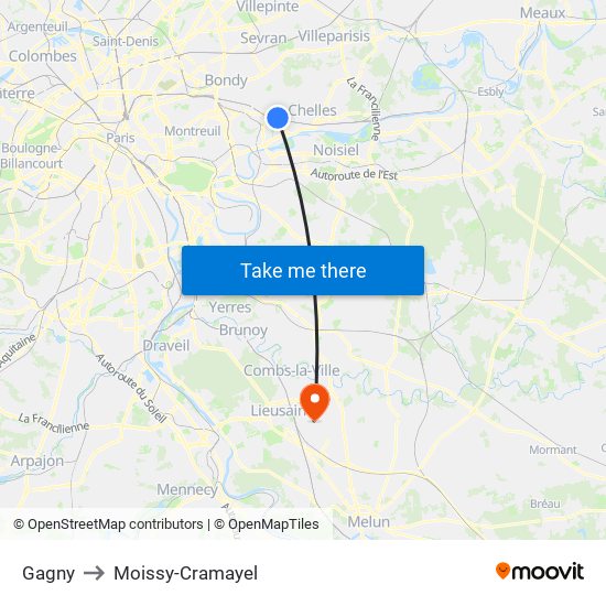 Gagny to Moissy-Cramayel map