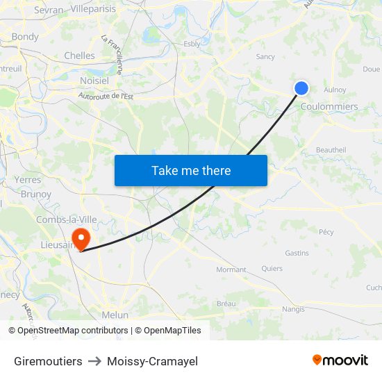 Giremoutiers to Moissy-Cramayel map