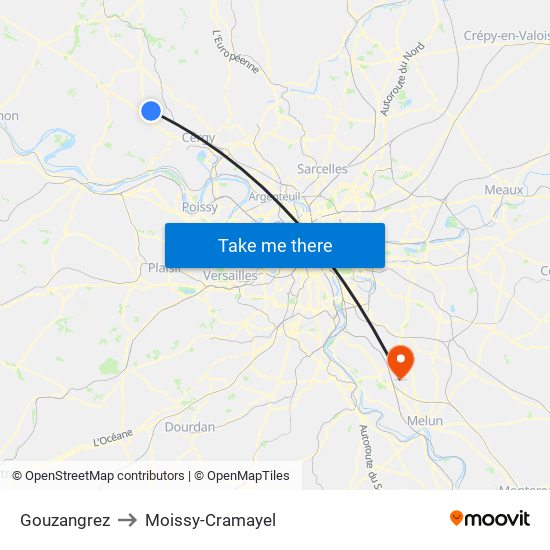 Gouzangrez to Moissy-Cramayel map