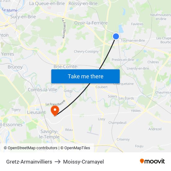 Gretz-Armainvilliers to Moissy-Cramayel map