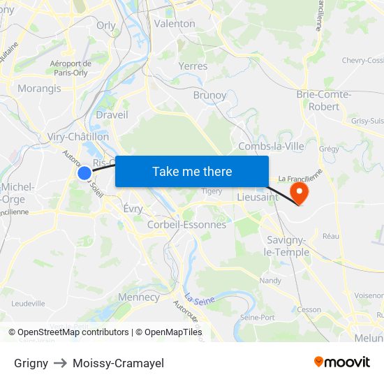 Grigny to Moissy-Cramayel map