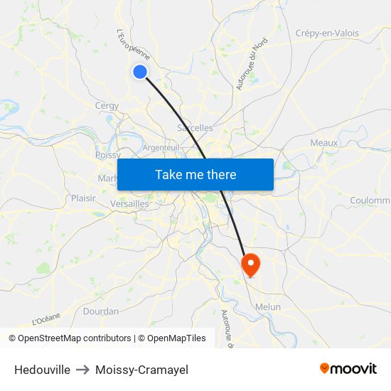Hedouville to Moissy-Cramayel map