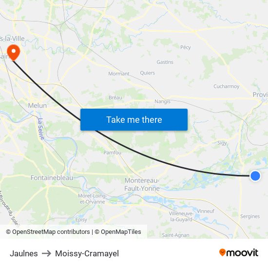 Jaulnes to Moissy-Cramayel map