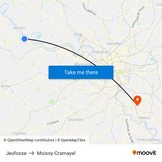 Jeufosse to Moissy-Cramayel map