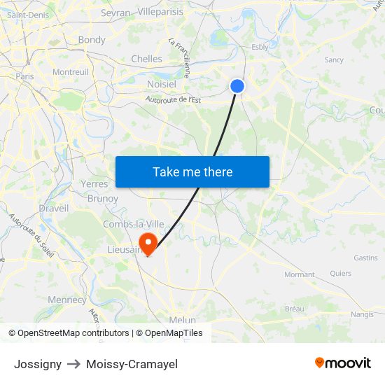 Jossigny to Moissy-Cramayel map