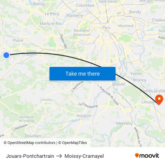 Jouars-Pontchartrain to Moissy-Cramayel map