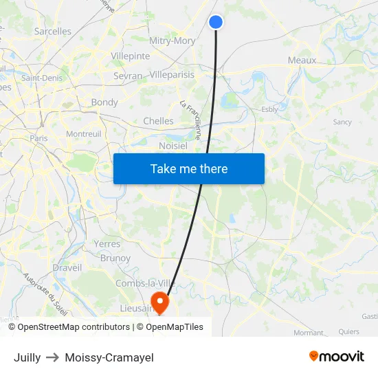 Juilly to Moissy-Cramayel map