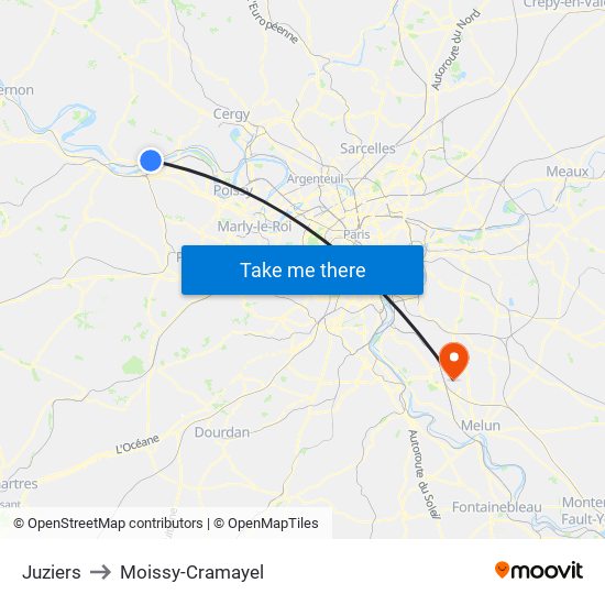 Juziers to Moissy-Cramayel map