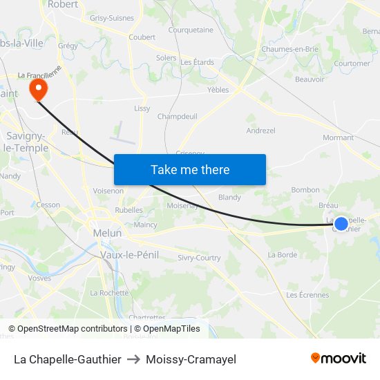 La Chapelle-Gauthier to Moissy-Cramayel map