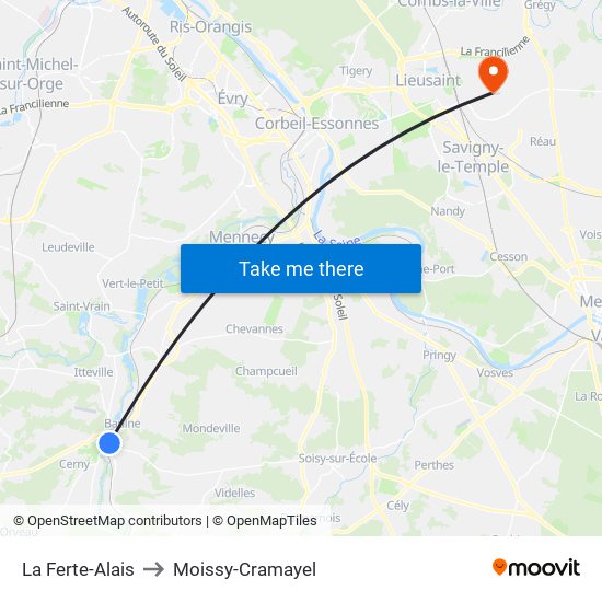 La Ferte-Alais to Moissy-Cramayel map