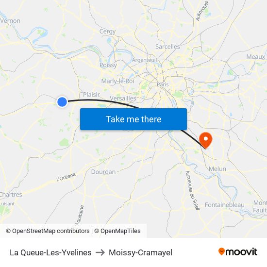 La Queue-Les-Yvelines to Moissy-Cramayel map