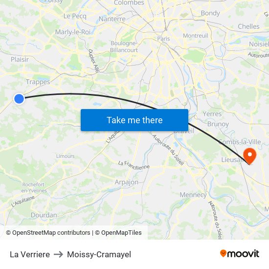 La Verriere to Moissy-Cramayel map