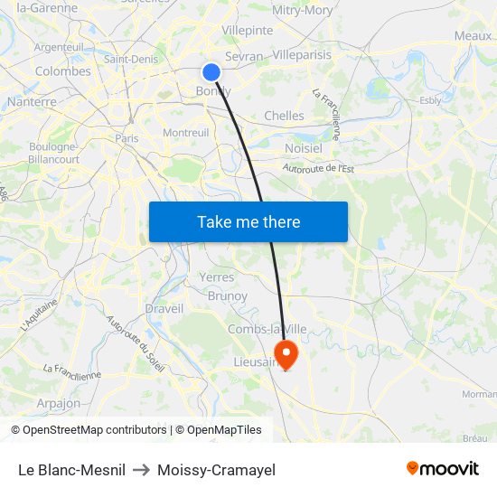 Le Blanc-Mesnil to Moissy-Cramayel map