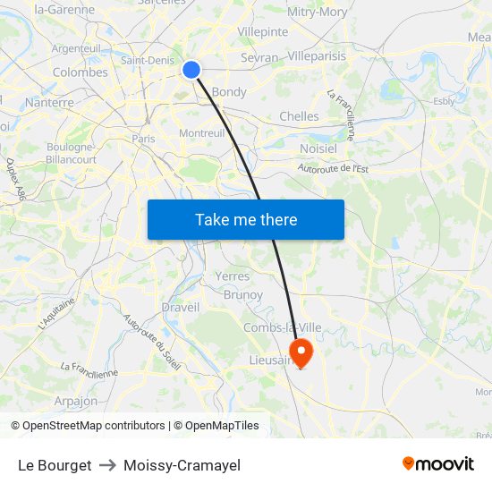 Le Bourget to Moissy-Cramayel map