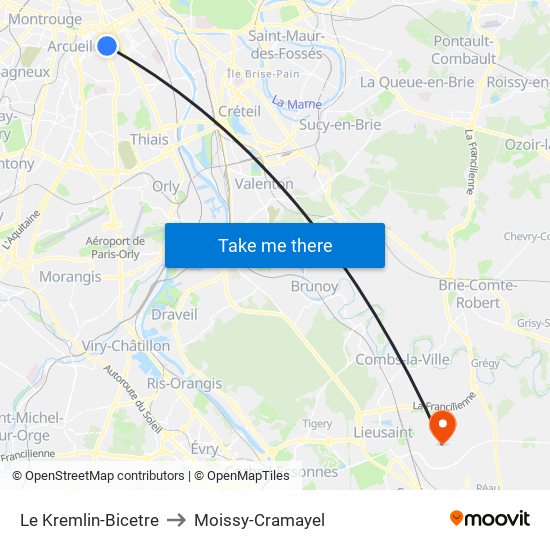 Le Kremlin-Bicetre to Moissy-Cramayel map