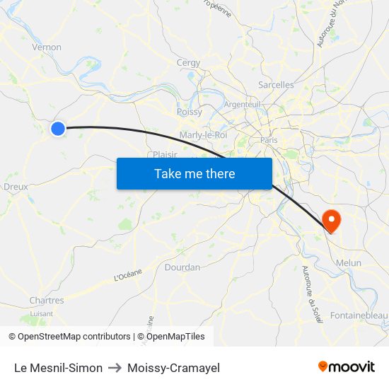Le Mesnil-Simon to Moissy-Cramayel map