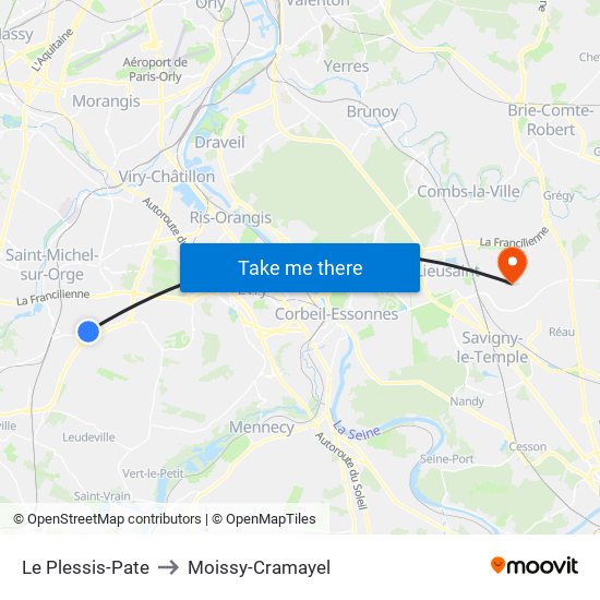 Le Plessis-Pate to Moissy-Cramayel map