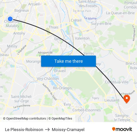 Le Plessis-Robinson to Moissy-Cramayel map