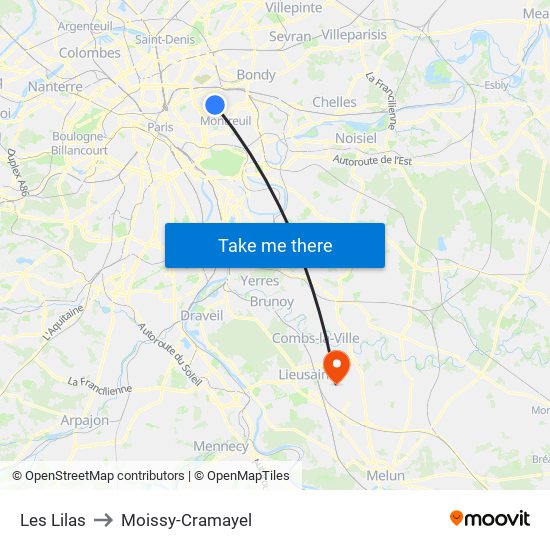 Les Lilas to Moissy-Cramayel map
