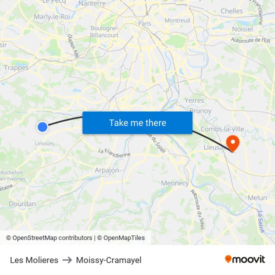 Les Molieres to Moissy-Cramayel map