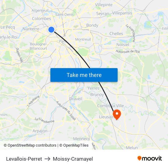 Levallois-Perret to Moissy-Cramayel map