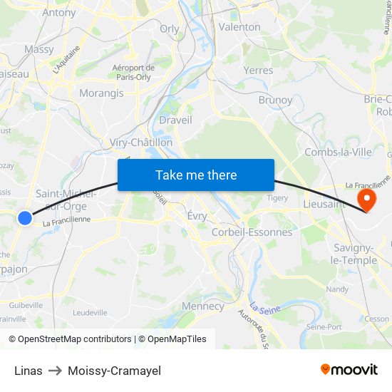 Linas to Moissy-Cramayel map