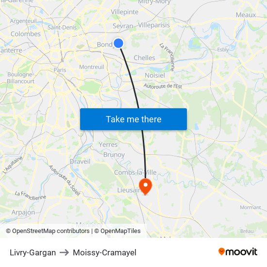 Livry-Gargan to Moissy-Cramayel map