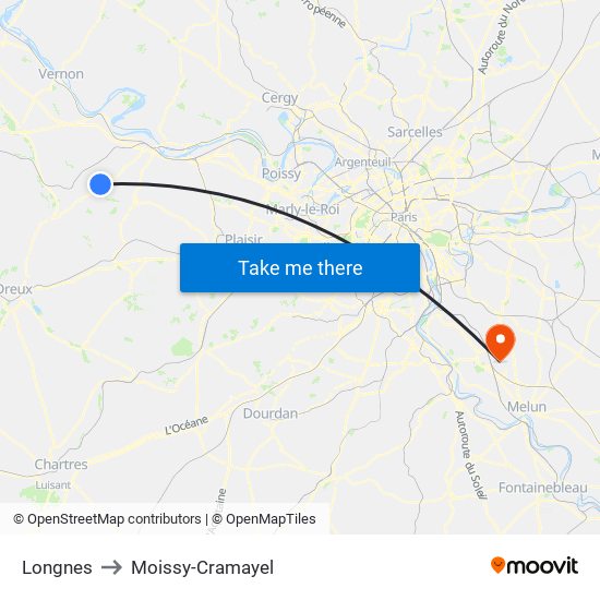 Longnes to Moissy-Cramayel map