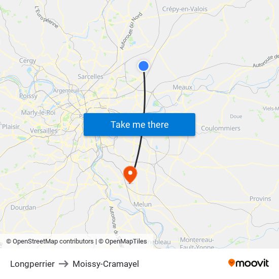 Longperrier to Moissy-Cramayel map