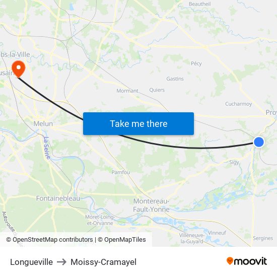 Longueville to Moissy-Cramayel map