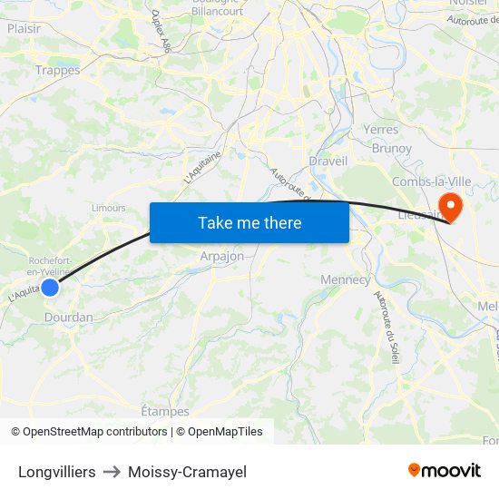 Longvilliers to Moissy-Cramayel map