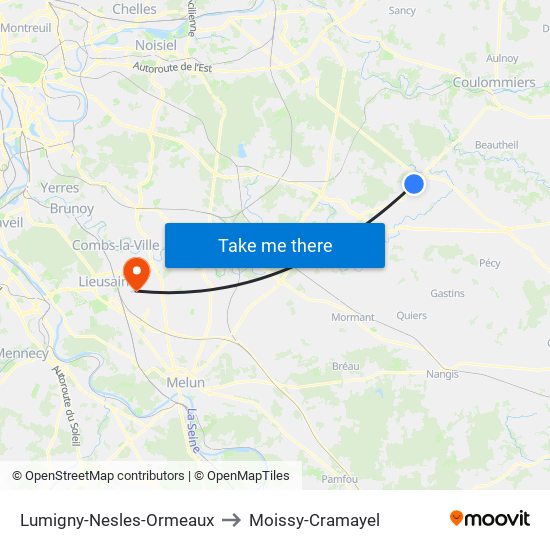 Lumigny-Nesles-Ormeaux to Moissy-Cramayel map